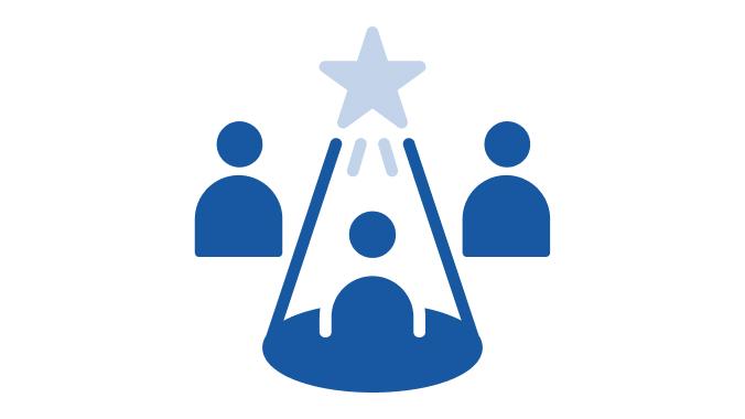 Illustration of a person highlighted under a spotlight aiming for a star with others around
